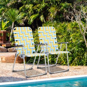 Patio Lawn Webbed Folding Chairs Set with Cup Holder - Image 2
