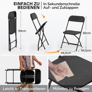 Klappstuhl, Gartenstühle 4er Set, Campingstuhl bis 158KG, Stühle Esszimmer Balkon Büro, Stapelbar, aus Metall & Kunsttoff, Schwarz - Image 3