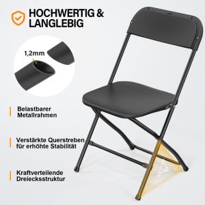 Klappstuhl, Gartenstühle 4er Set, Campingstuhl bis 158KG, Stühle Esszimmer Balkon Büro, Stapelbar, aus Metall & Kunsttoff, Schwarz - Image 4